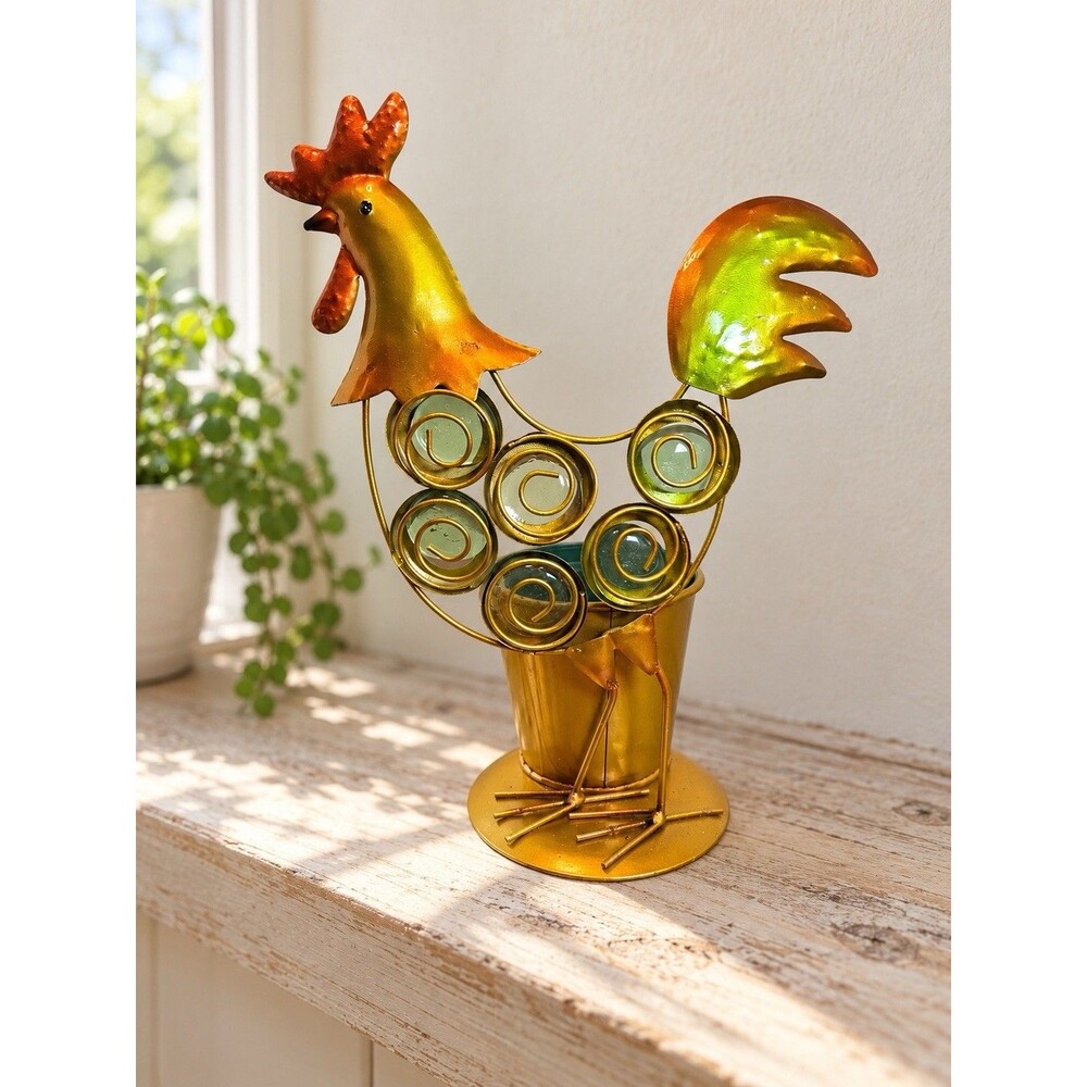 Metal Rooster Planter Orange Green Glass Scroll Garden Farmhouse Decor 10 Inches